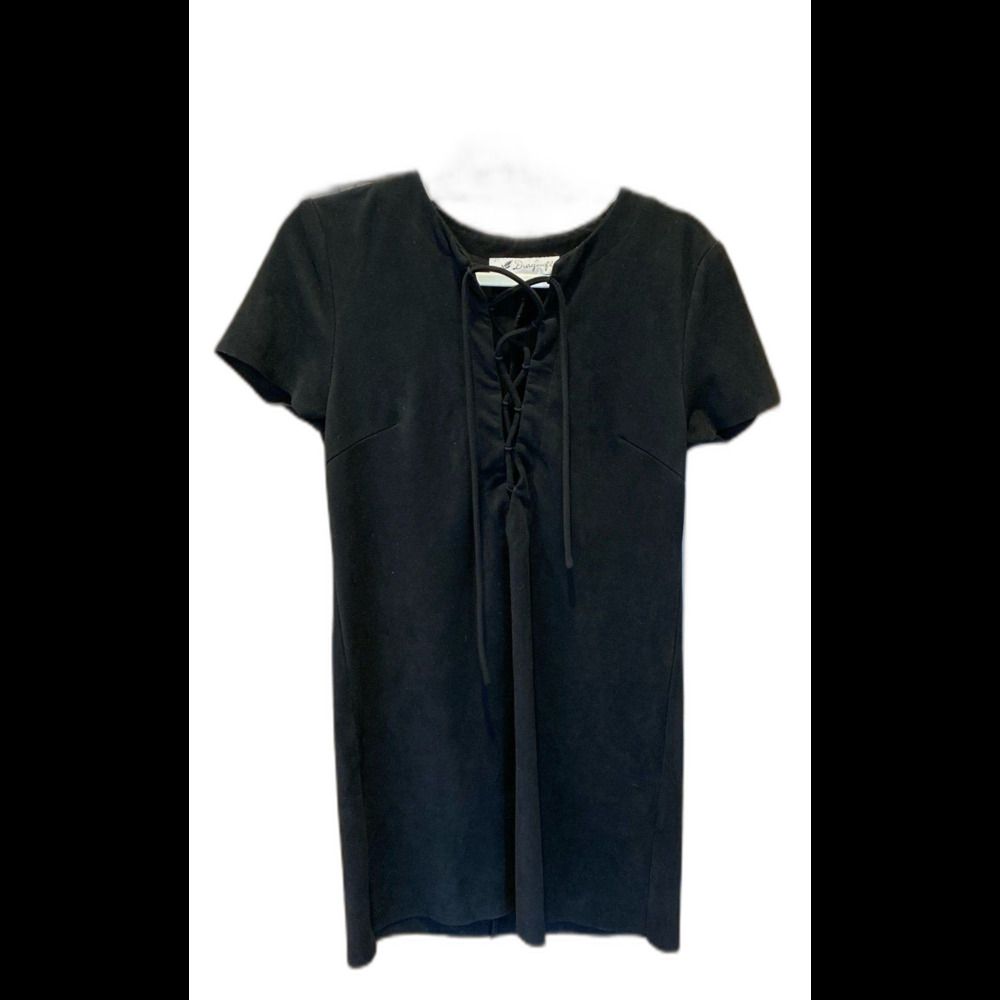 Dragonfly Dress Size Medium Black Faux Suede Feel Short Sleeve Corset Front